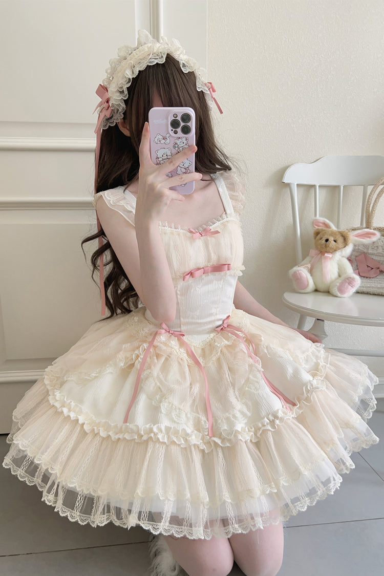Flower Season Bow-Trim Lace Ballet Lolita Jumper Skirt in Four Colors
