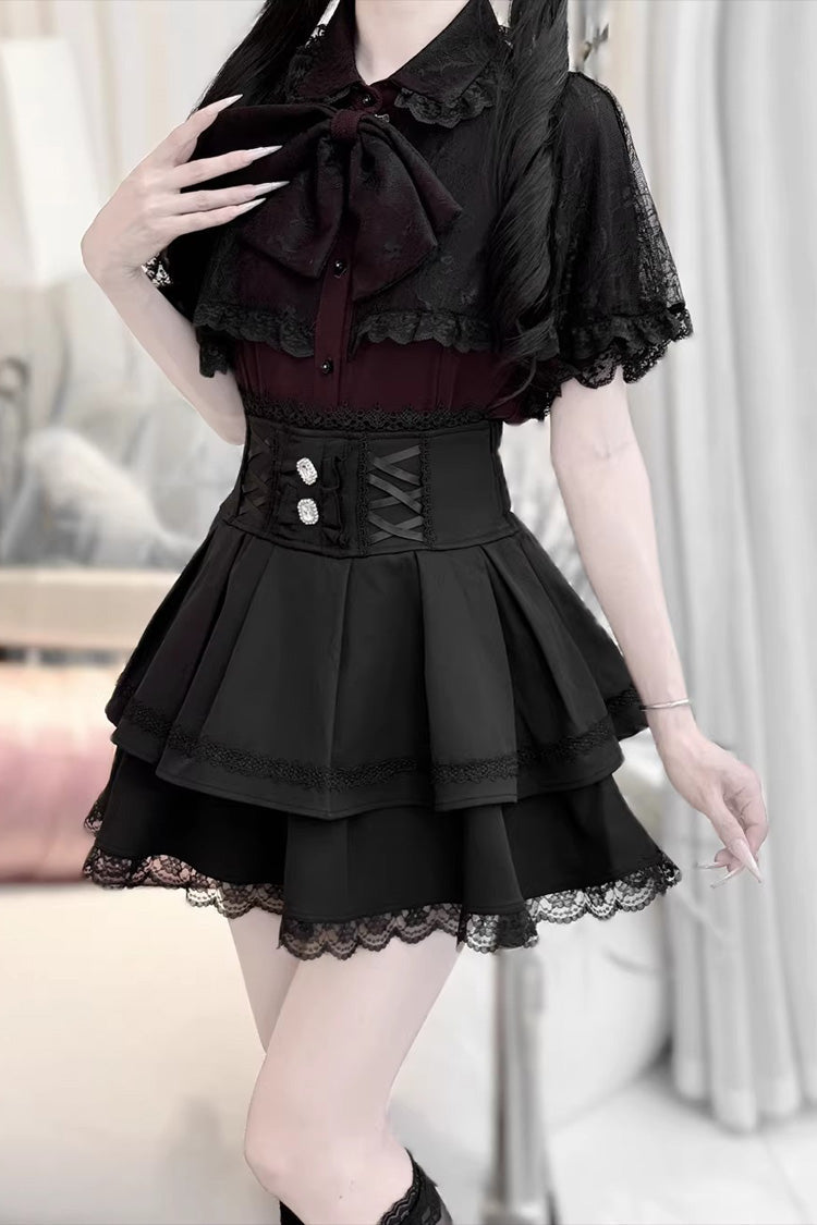 Gothic Embroidered Ruffled Top and Skirt Set with Lace-Up - Dark Moon Shadow
