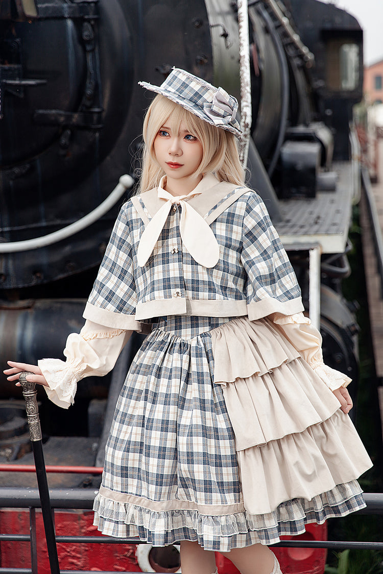 Sweet Lolita Strap Dress with Asymmetric Ruffle, High Waist, Grey/Blue Morning Tune