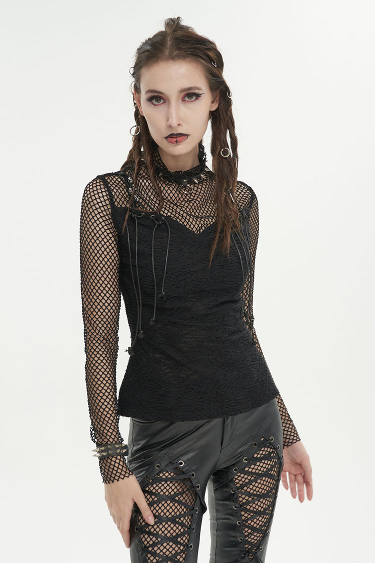 Punk T-Shirt with Faux Suspenders and Knit Mesh