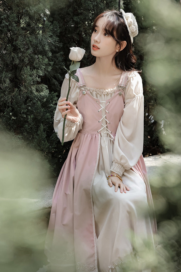 Square Collar Lolita Two-Piece with Lace-Up & Ruffled Details