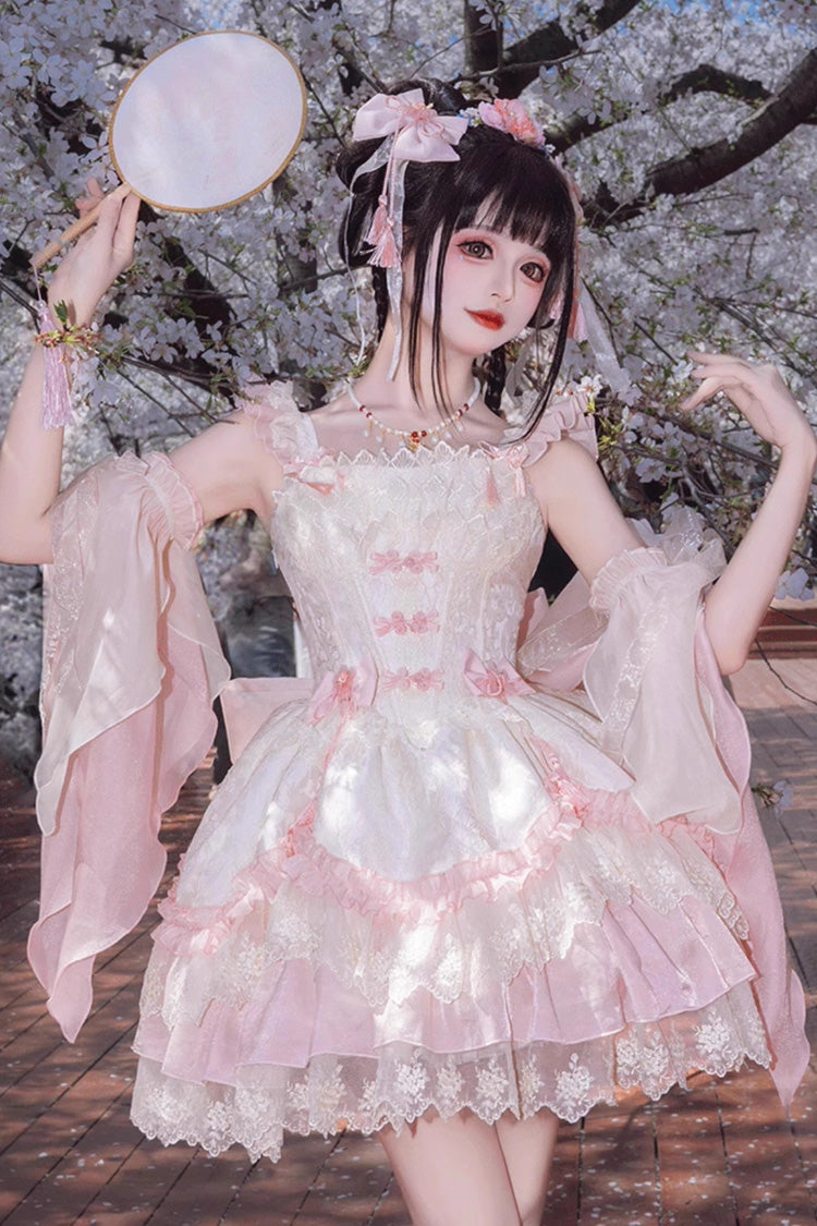 Blush Ruffle Embroidered Bow Chinese Style Elegant Sweet Jumper Dress - Lyrics in the Midst of Flowers