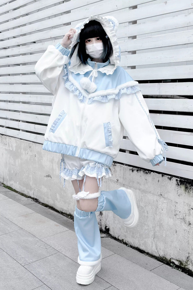 White Blue Long Sleeve Ruffled Hooded Jirai Kei Sports Coat