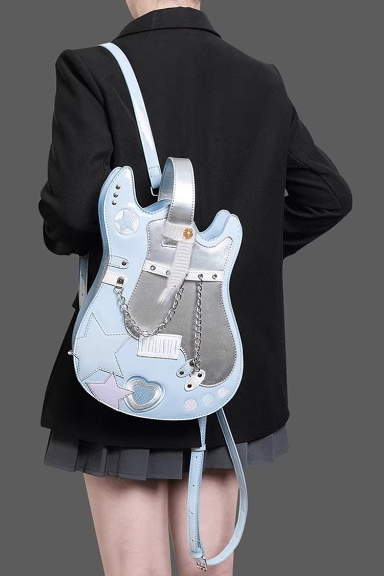 Embroidered Itabag with Guitar Heart and Chain, Color-Block Sweet Lolita