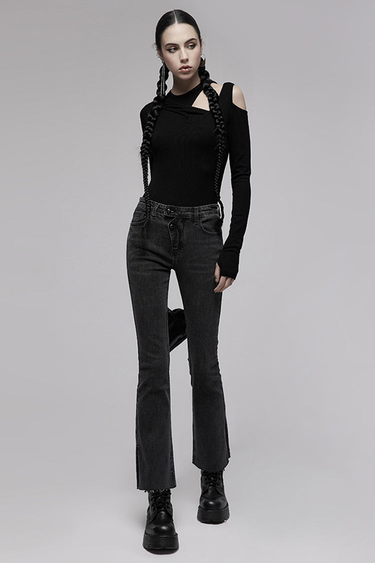 Distressed Denim Asymmetrical Flared Punk Pants with Elastic Waist