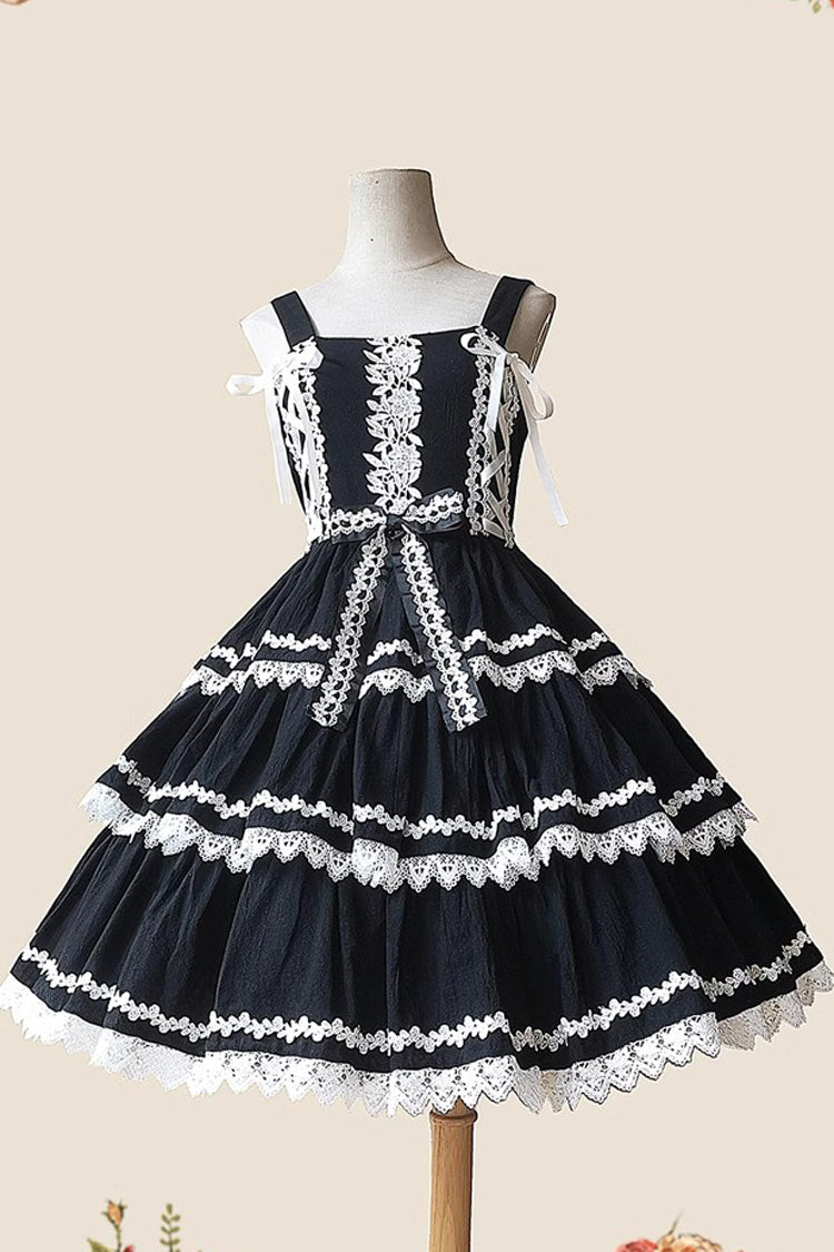 Black and White Three-Tiered Sweet Lolita Dress with Ribbon and Sleeveless