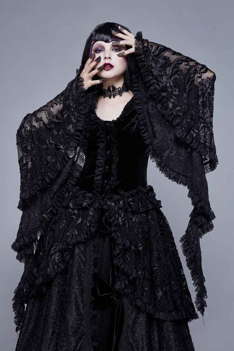 Gothic Coat with Hollow-Out Flare Sleeves and Lace Cuffs