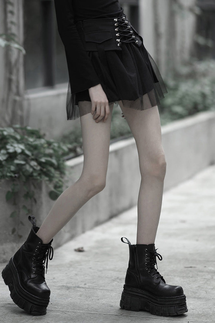 Steampunk High-Waist Skirt for Her with Mesh Plaid Binding