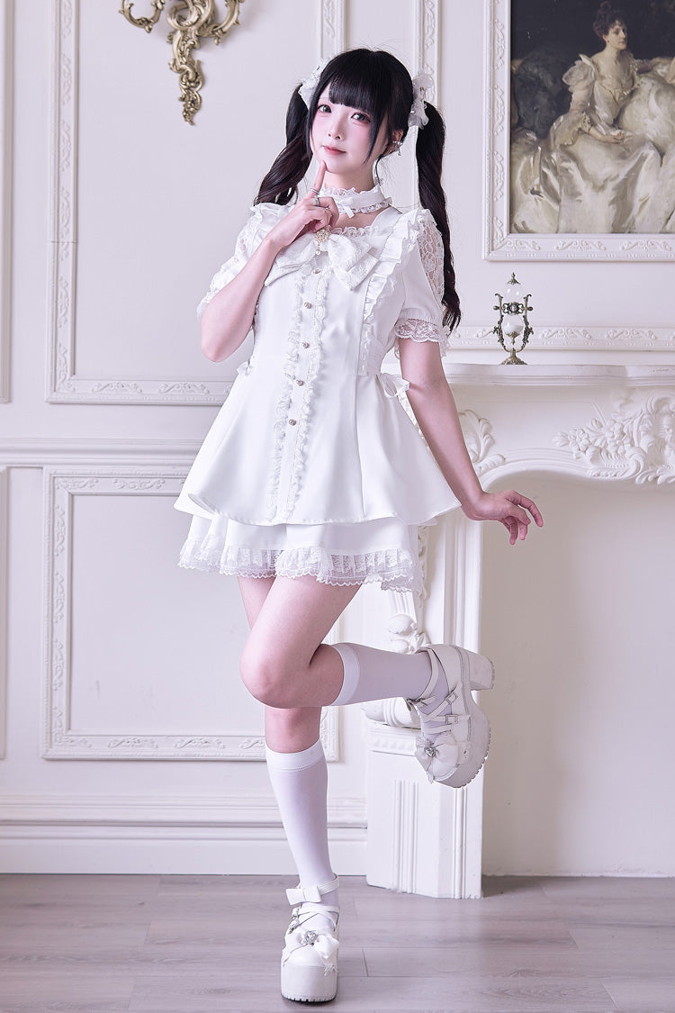 White Short Sleeve Ruffled Bow Gothic Jirai Kei Dress Set