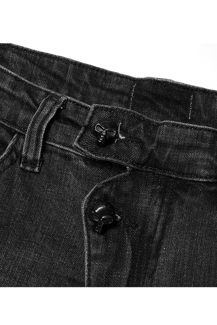 Distressed Denim Asymmetrical Flared Punk Pants with Elastic Waist