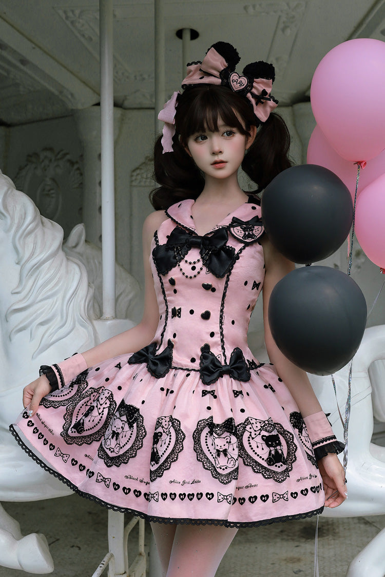 Pink Halter Sleeveless Embroidered Bow Lolita Gown - Sugar Bear