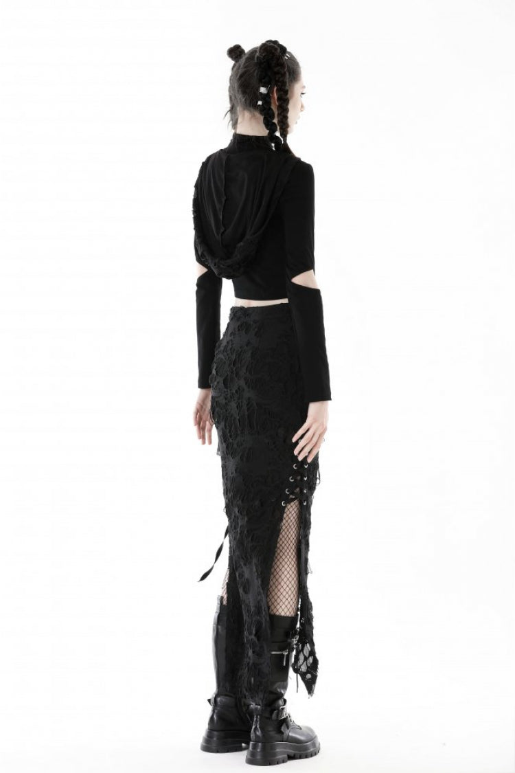 Raven Cross Eyelet Cut-Out Punk Crop Top with Ripped Hood for Women