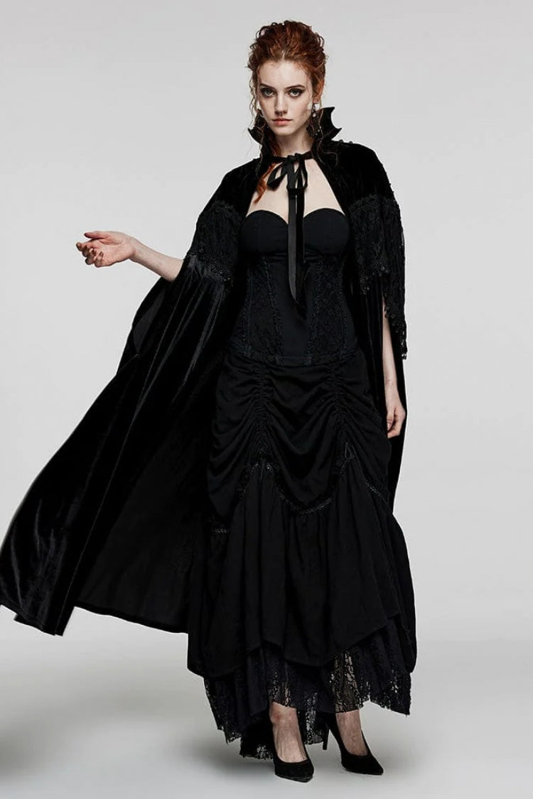 Gothic Cloak with Stand Collar, Lace Stitching and Nail Decorations