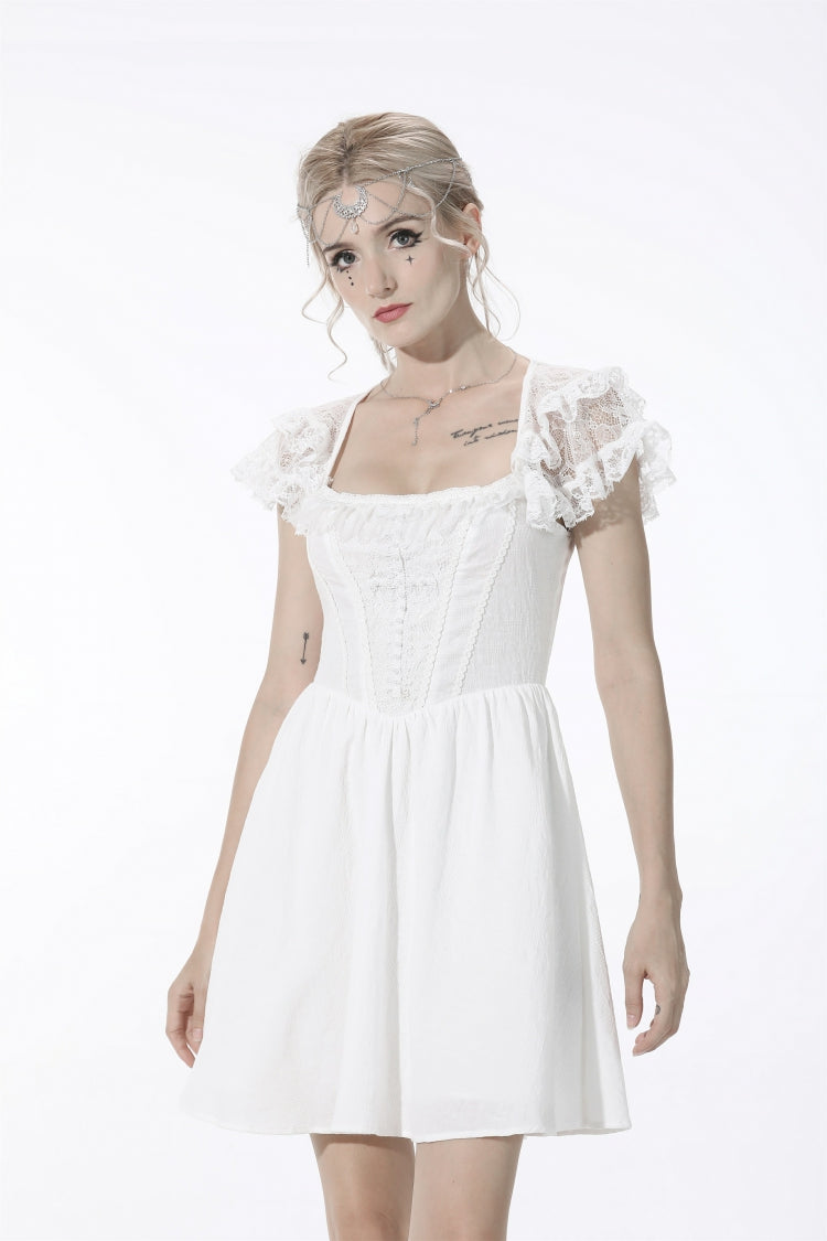 Ivory Layered Lace Square Neckline Strappy Gothic Mini Dress for Women