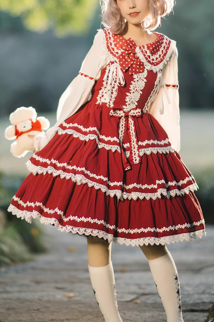 Red and White Three-Tiered Sweet Lolita Dress with Ribbon and Sleeveless