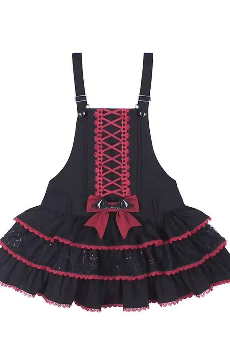 Black Red Showa Cake Sleeveless Triple-Layered Ruffled Bow Lace-Up Witch Gothic Jsk Dress