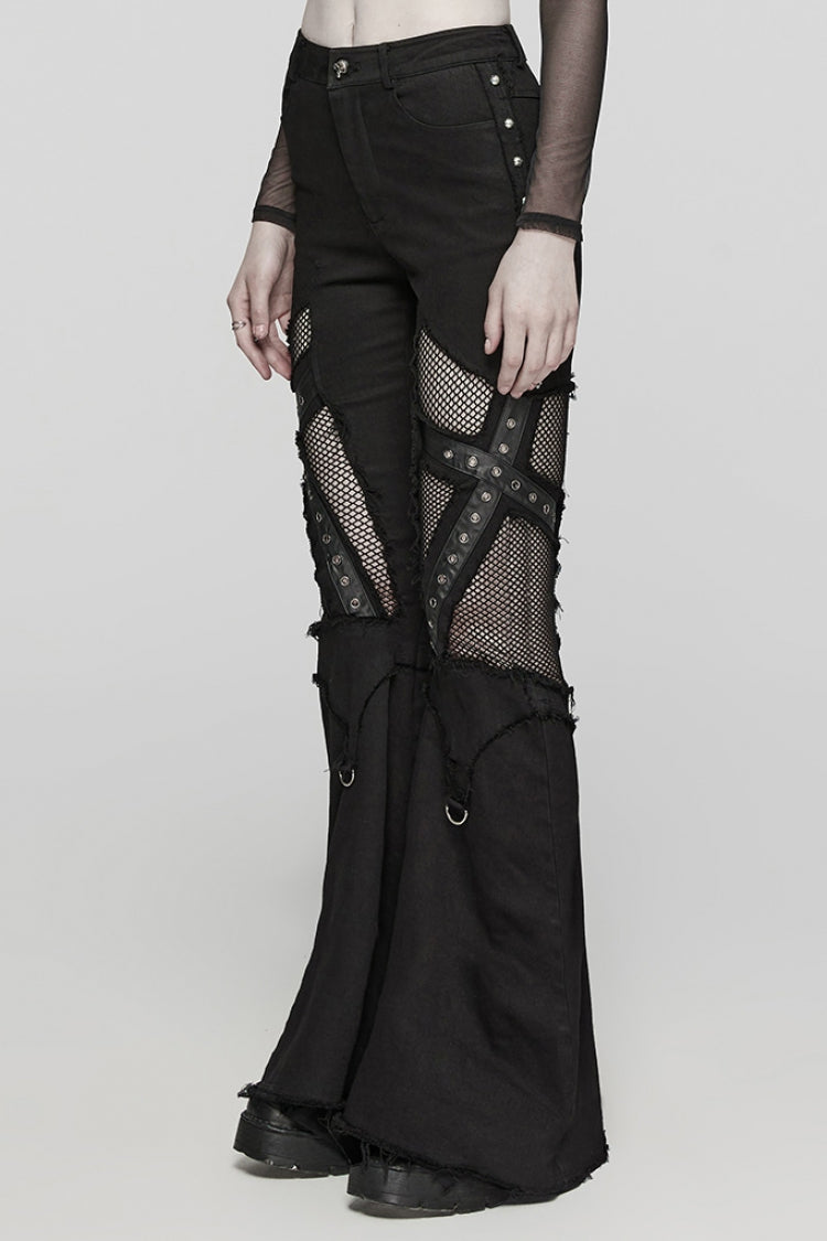 Flared Punk Pants with Eyelet Rings and Mesh Insets
