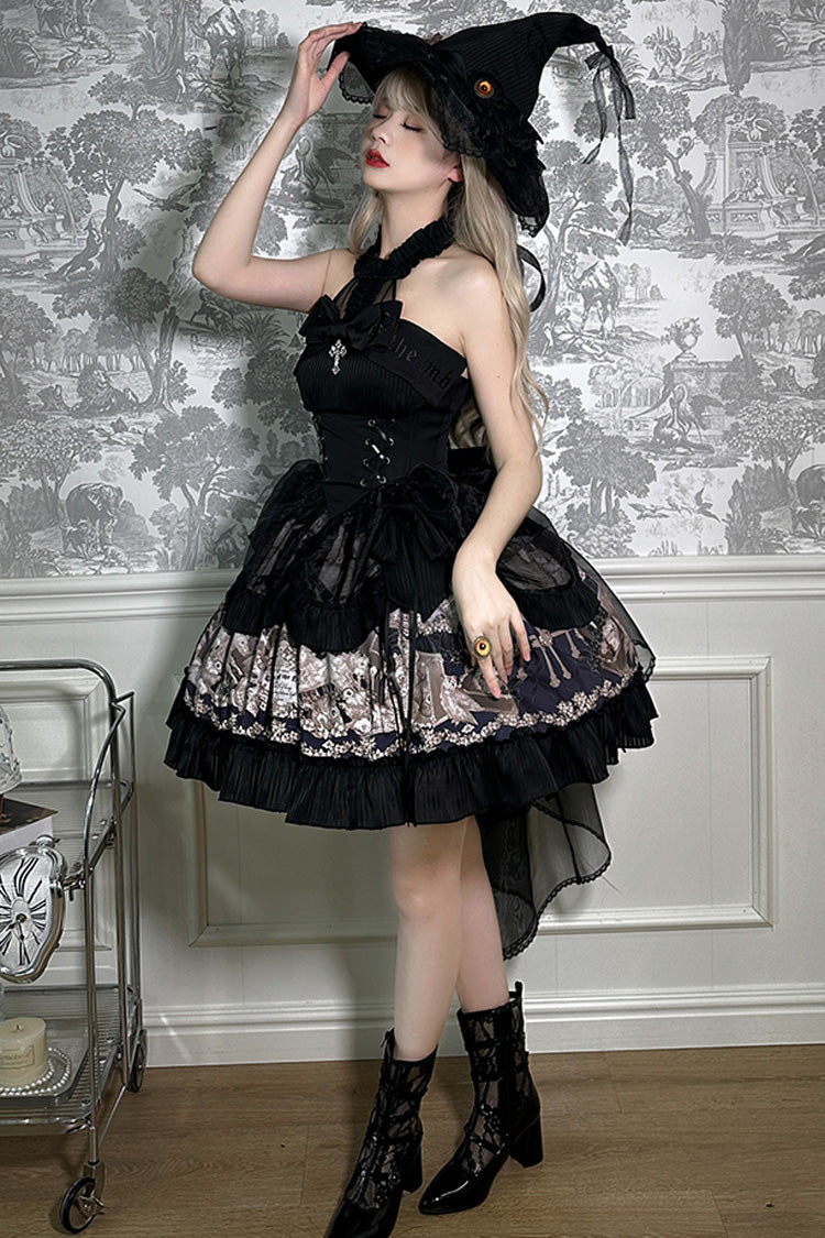 Black Halterneck Print Bowknot Drawstring Gothic Lolita Dress