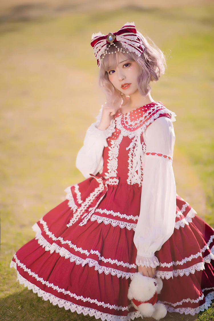 Red and White Three-Tiered Sweet Lolita Dress with Ribbon and Sleeveless