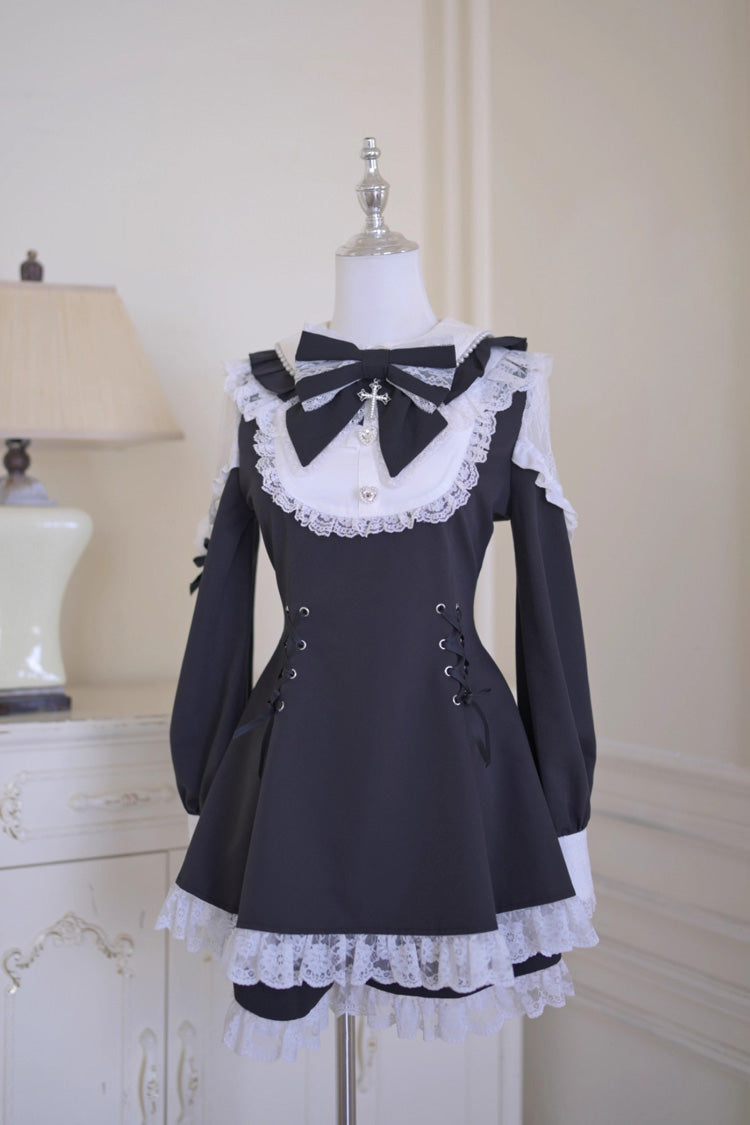 Black White Long Sleeve Hollow Bow Lace Lace-Up Sweet Jirai Kei Shorts Set