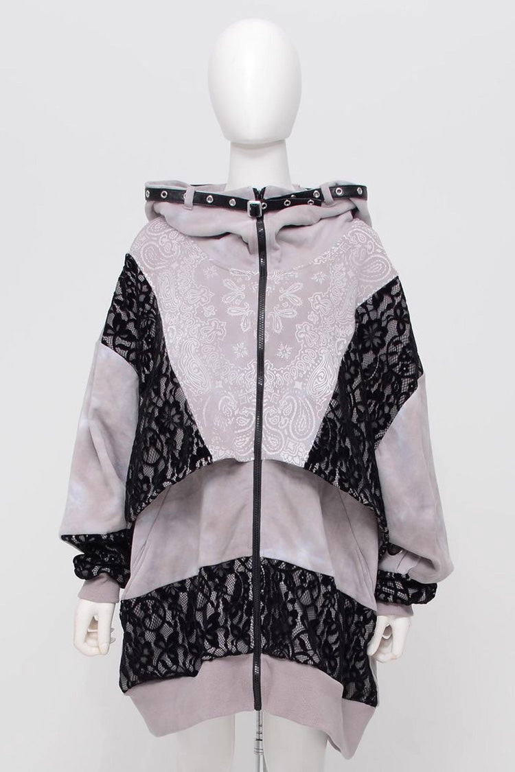 Color Blocked Tie-Dye Hooded Zip Coat with Print
