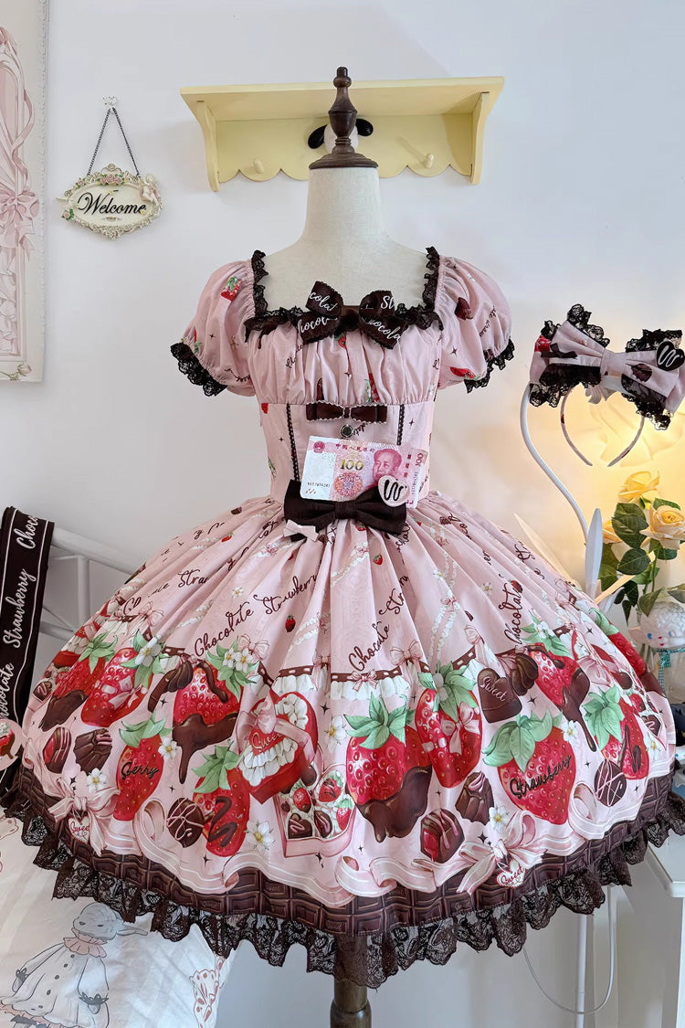 Square Collar Short Sleeves Printed Ruffled Bow Lace Sweet Lolita Dress - Strawberry Chocolate Lover