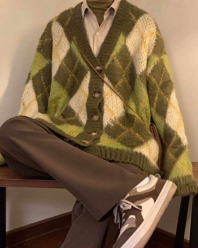 Green Argyle Cardigan Sweater