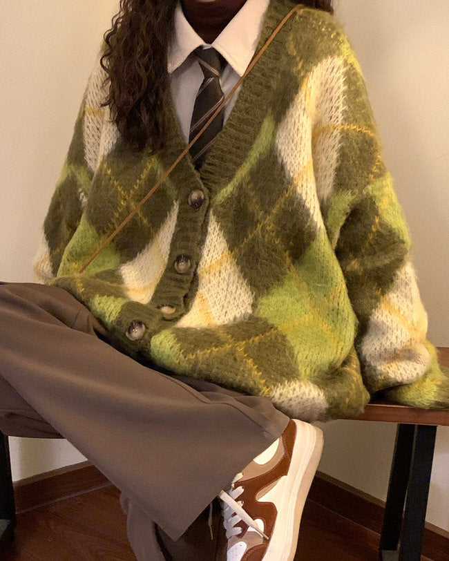 Green Argyle Cardigan Sweater
