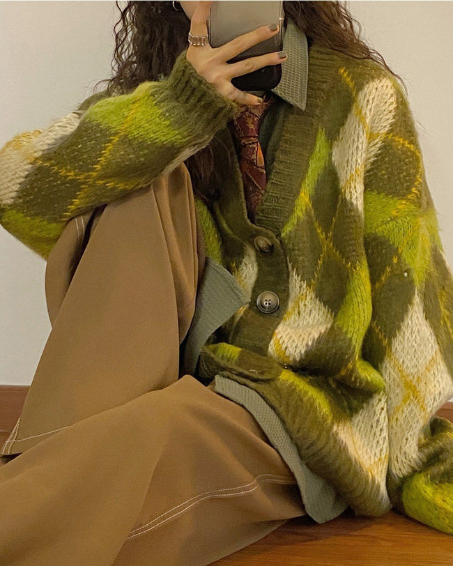 Green Argyle Cardigan Sweater