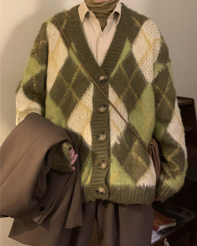 Green Argyle Cardigan Sweater