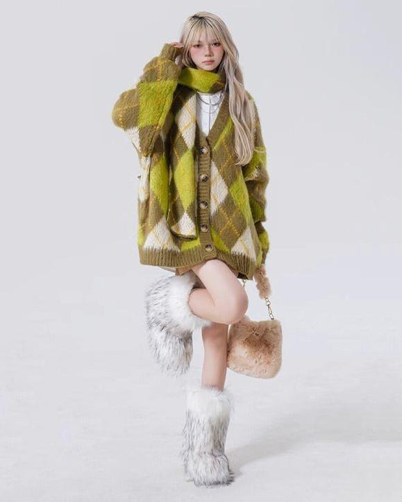 Green Argyle Cardigan Sweater