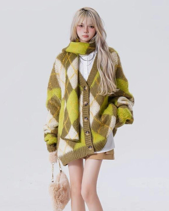 Green Argyle Cardigan Sweater