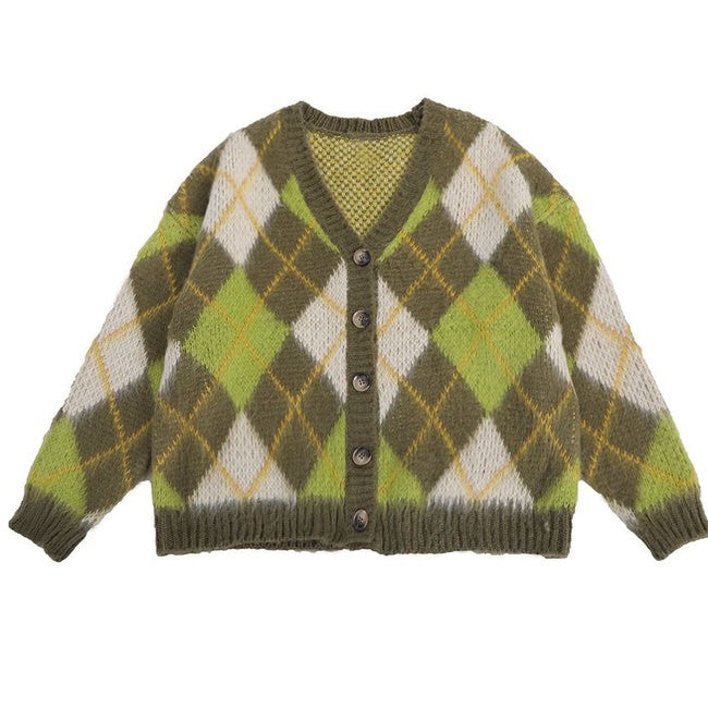 Green Argyle Cardigan Sweater