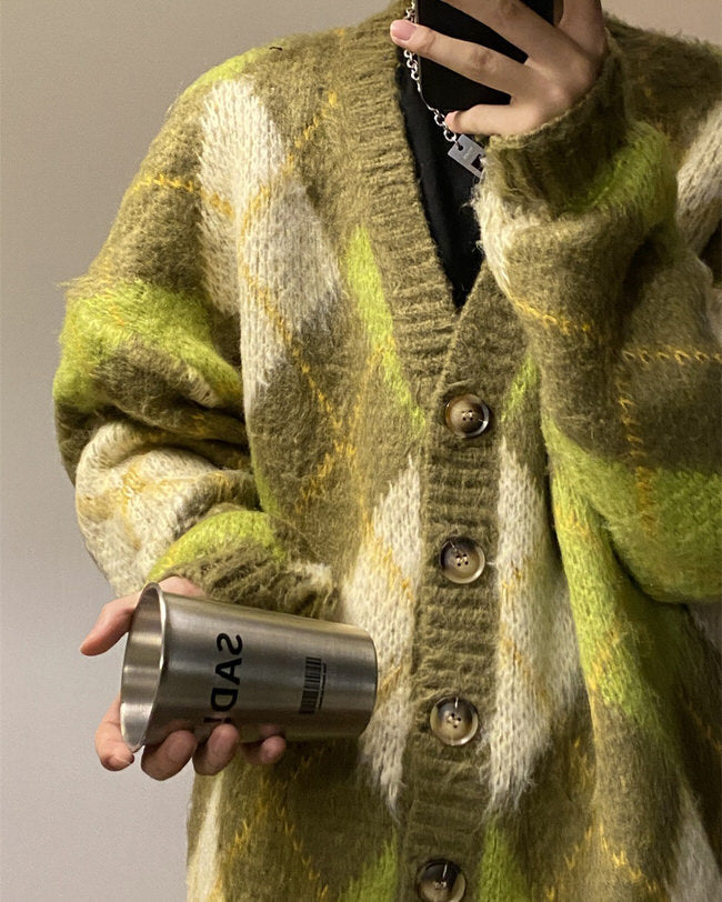 Green Argyle Cardigan Sweater