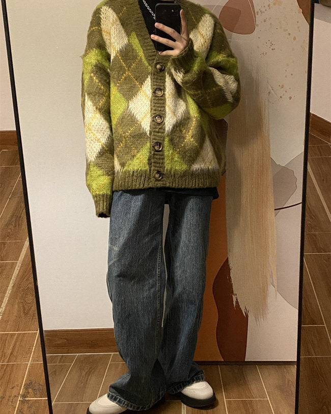 Green Argyle Cardigan Sweater