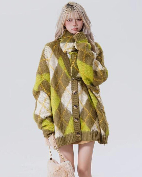 Green Argyle Cardigan Sweater