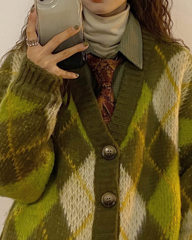 Green Argyle Cardigan Sweater