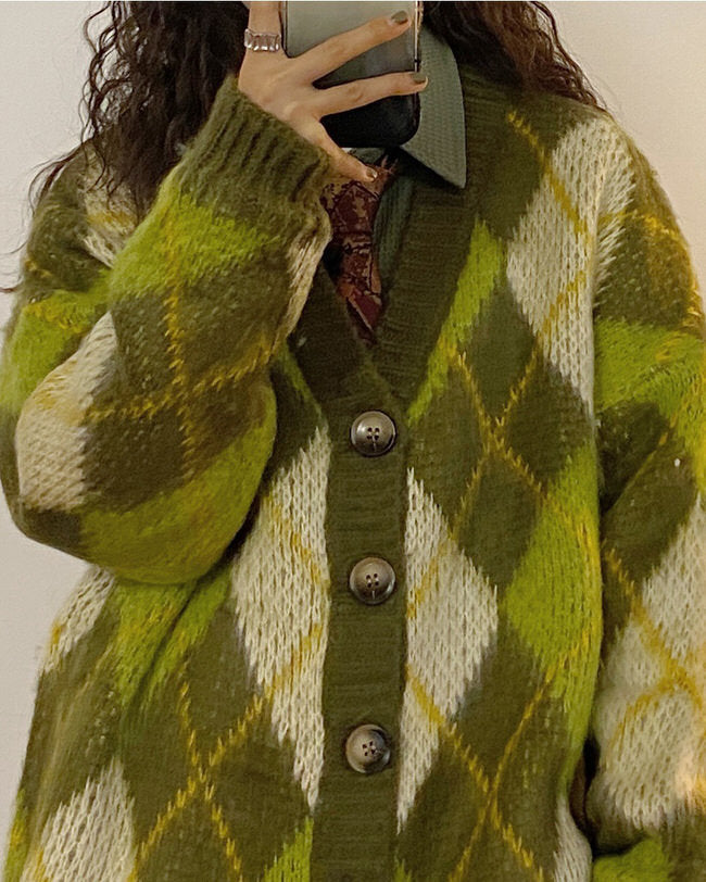 Green Argyle Cardigan Sweater
