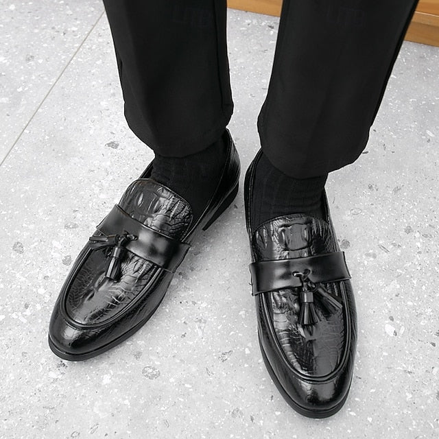 Men's Leather Loafers with Crocodile Embossed Faux Green