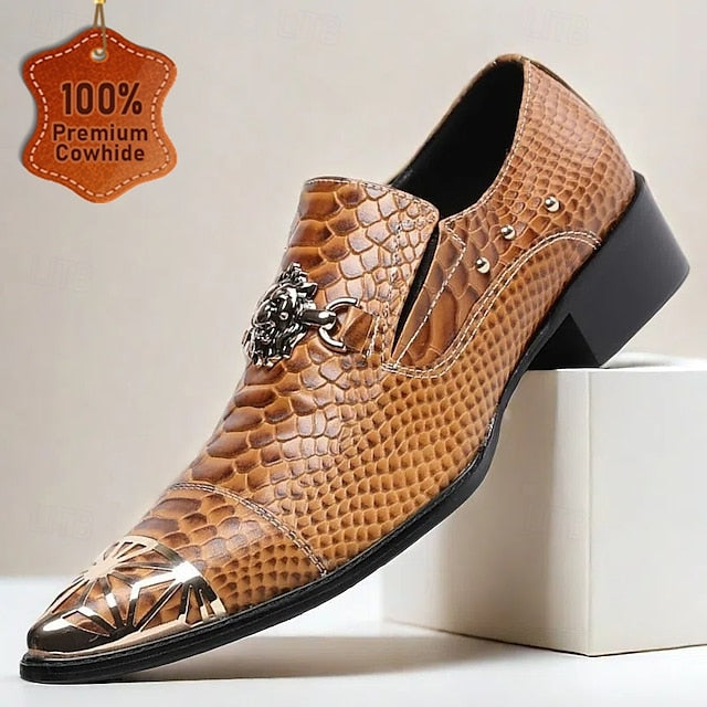Leather Men's Pattern Brown Slip-On with Snake Shoes Metal
