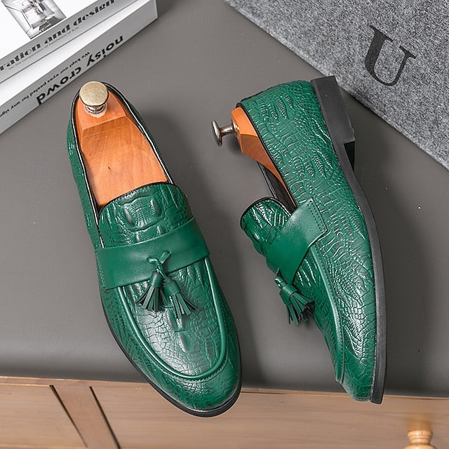 Men's Leather Loafers with Crocodile Embossed Faux Green