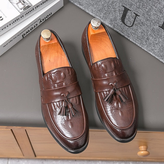 Men's Leather Loafers with Crocodile Embossed Faux Green