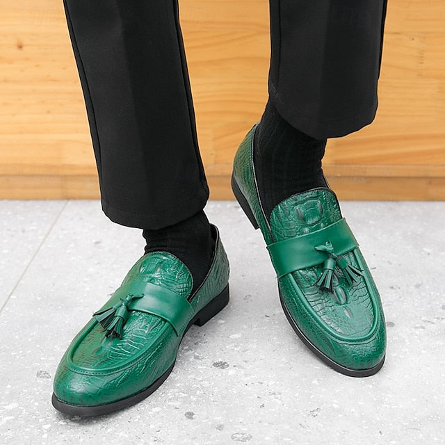 Men's Leather Loafers with Crocodile Embossed Faux Green