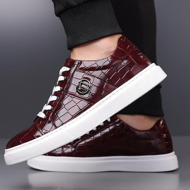 Crocodile Men's Pattern with Leather Sneakers Burgundy Faux