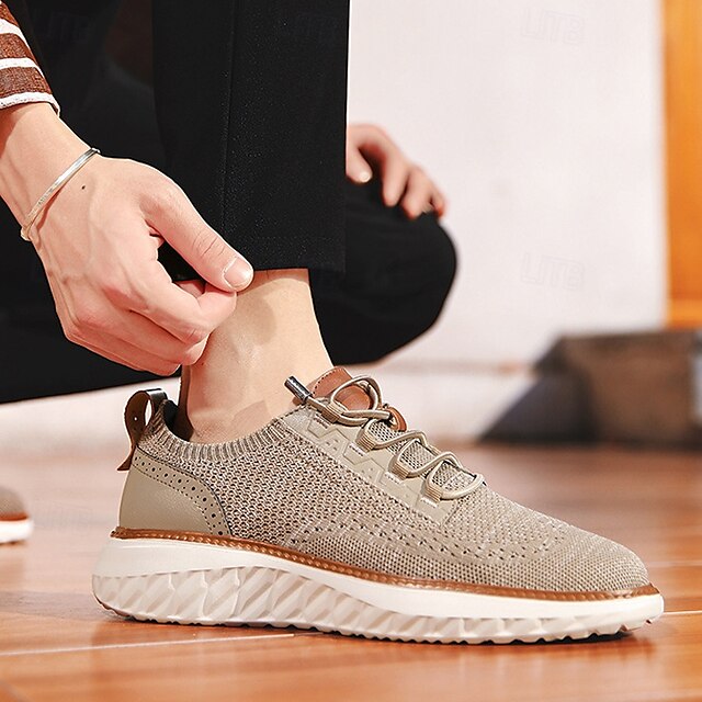 Lightweight Men's with Beige Knit Sneakers Shoes Lace-Up