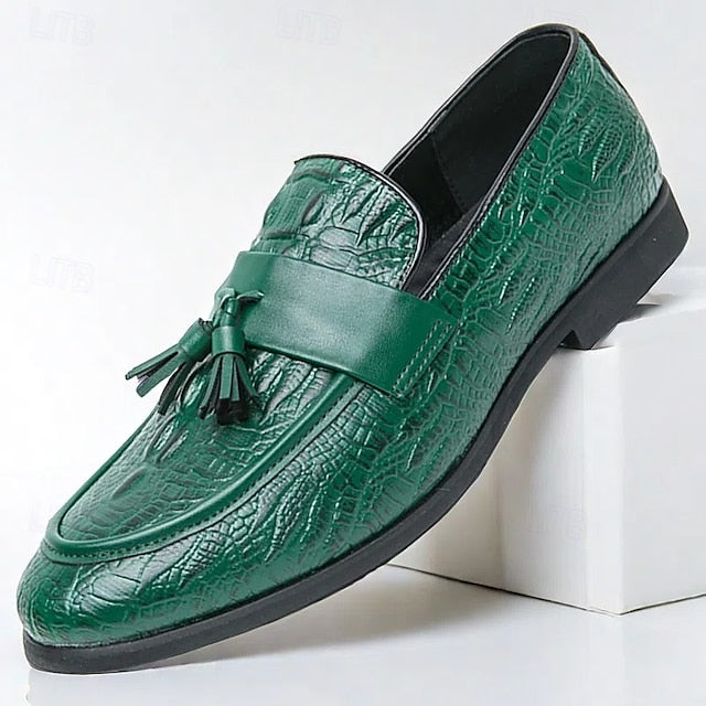 Men's Leather Loafers with Crocodile Embossed Faux Green