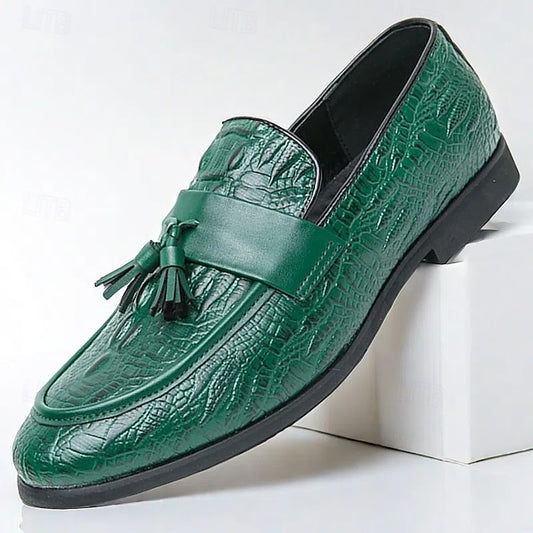 Men's Leather Loafers with Crocodile Embossed Faux Green