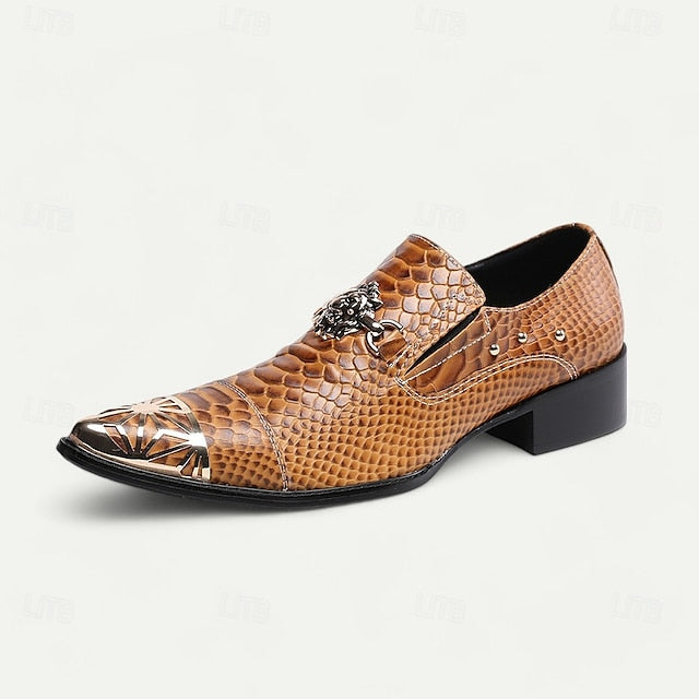 Leather Men's Pattern Brown Slip-On with Snake Shoes Metal