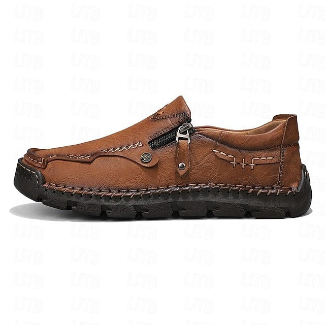 Slip-On Side Loafers Zipper with Brown Men's Faux Leather