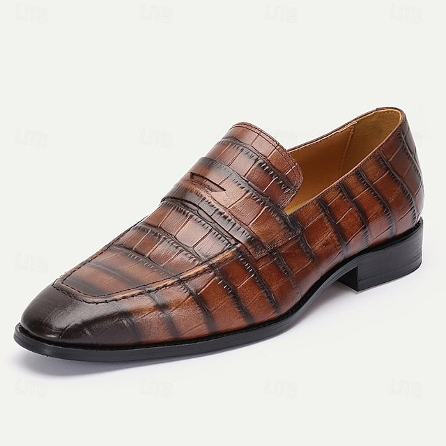 Shoes Leather Pattern Crocodile Classic Dress - Brown Men's